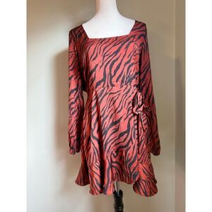 EXPRESS brown Red Black Tiger Print Y2K boho Long Sleeve‎ Wrap Mini Dress M